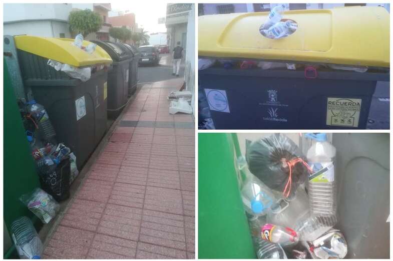 El contenedor para la recogida de plástico a tope en la calle de Diego de Sopranis y Ponce de León (Foto TA)